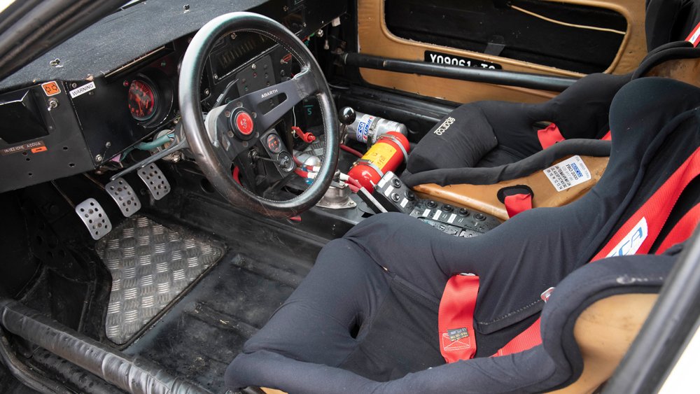 The cockpit of the 1982 Lancia 037 Group B Works Evolution 1 race car driven to victory by Walter Röhrl in the 1983 ADAC Rallye Deutschland.