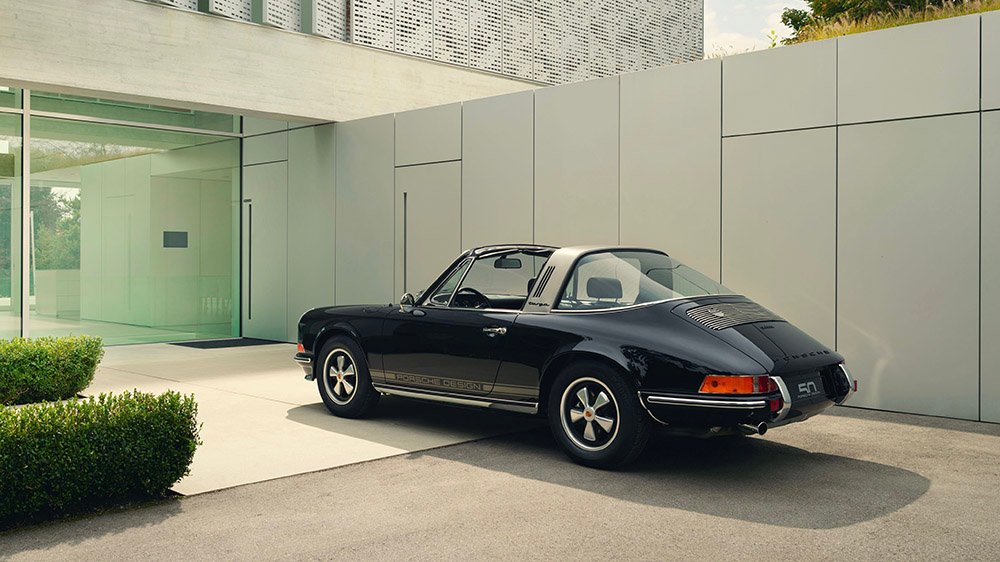 A rear 3/4 view of Porsche Classic x Porsche Design 50th-Anniversary 1972 911 S 2.4 Targa