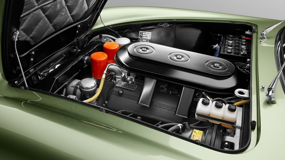 The 4.0-liter Colombo V-12 engine inside a 1966 Ferrari 330 GTC restored by Bell Sport & Classic.