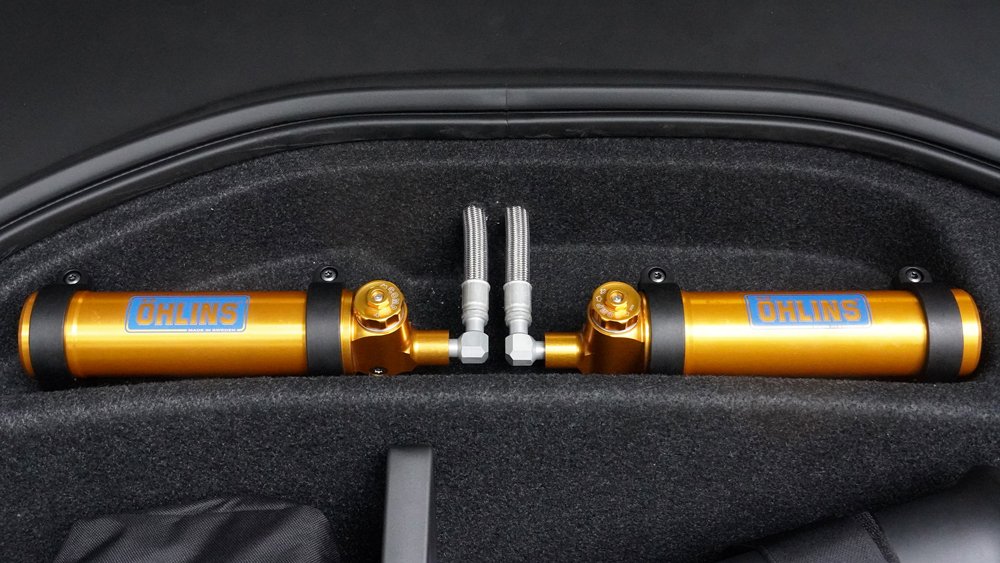 The Polestar 2 BST Edition 270 includes a set of manually adjustable Öhlins shocks with remote reservoirs up front.