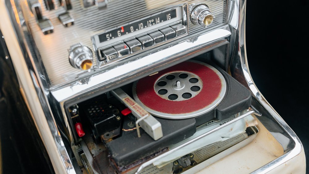 The interior of the 1957 Chrysler Ghia Super Dart 400 concept car features Chrysler’s Highway Hi-Fi record player.