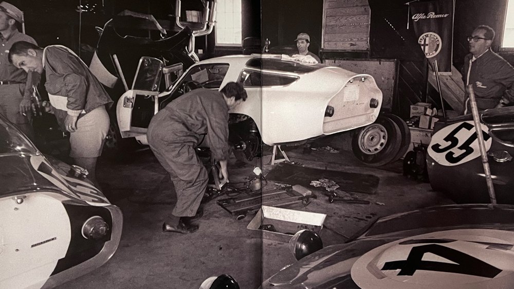 A photo of Scuderia Sant’Ambroeus Zagato–bodied Alfa Romeos being prepped for the 1964 12 Hours of Sebring, as shown in book 