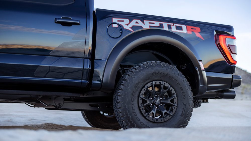 A closer look at the rear tire on a 2023 Ford F-150 Raptor R truck.