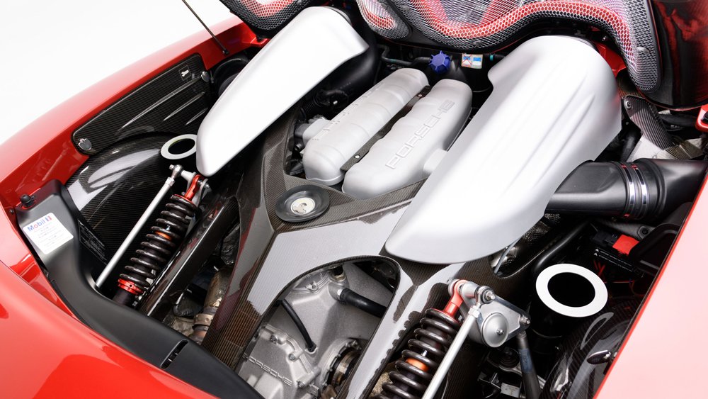 The 5.7-liter V-10 engine inside a 2005 Porsche Carrera GT.
