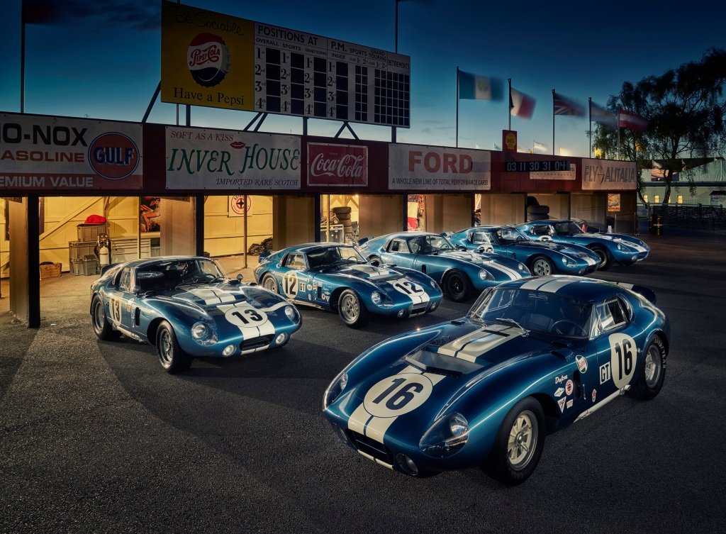 The six Shelby Cobra Daytona Coupes at the 2015 Goodwood Revival.
