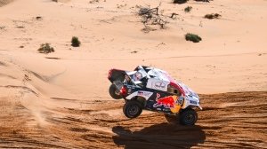 Toyota Gazoo Racing's Nassir Al-Attiyah and Mathieu Baumel in their Toyota Hilux DKR T1+ during Stage 5 of the 2023 Dakar Rally.