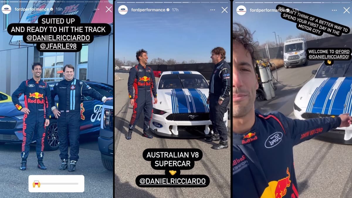 Aussie F1 ace Daniel Ricciardo tests Ford Mustang V8 Supercar in Detroit