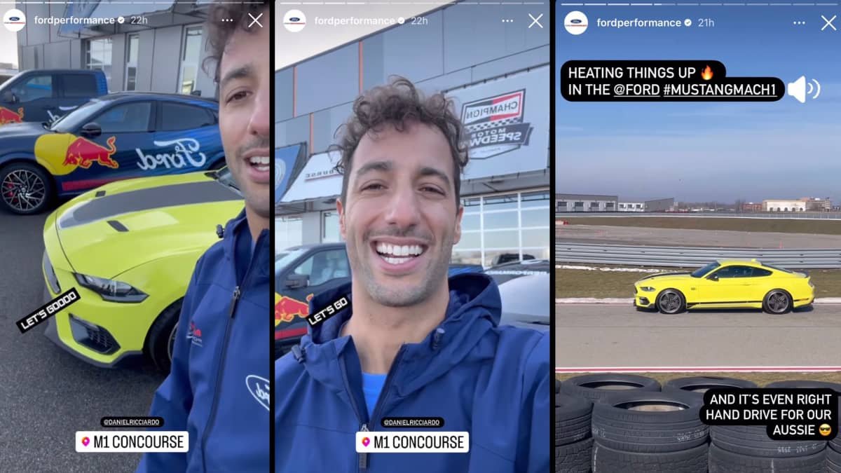 Aussie F1 ace Daniel Ricciardo tests Ford Mustang V8 Supercar in Detroit