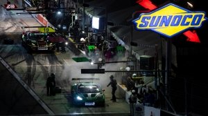 Team Iron Lynx's car No. 63 pulls away from the pit to rejoin the fray at the 2023 Rolex 24 at Daytona.