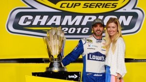 The winning team of Jimmie Johnson and his wife Chandra after he was awarded the 2016 NASCAR Sprint Cup Series Championship.