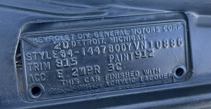 1964 Chevrolet Impala SS cowl tag