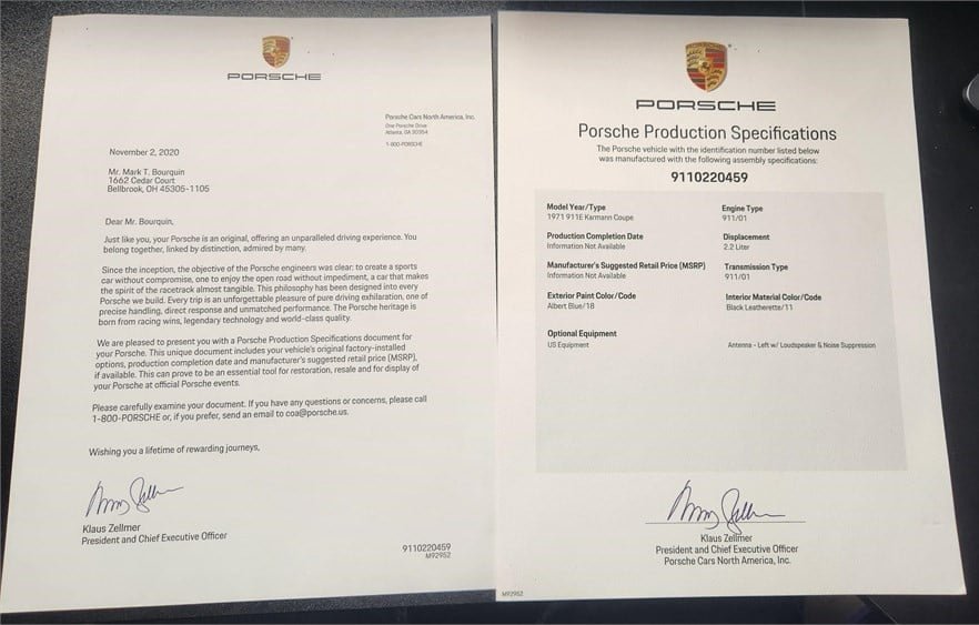 Porsche Production Specifications document