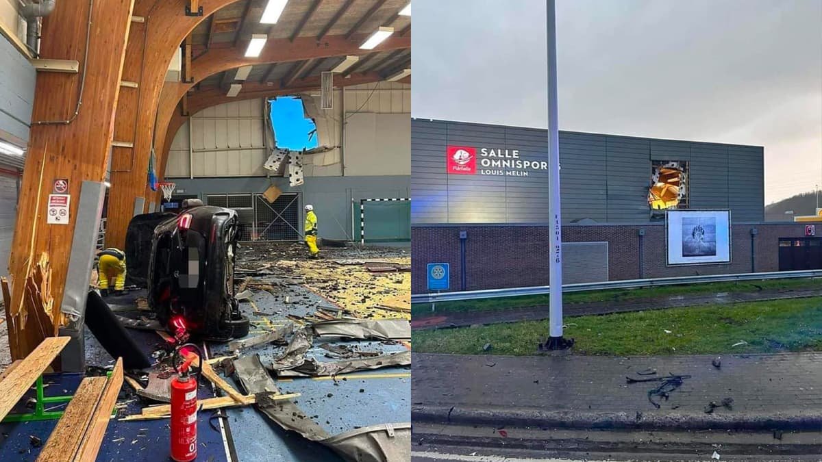 Video: Car flies 50 metres through the air, crashes through wall into basketball court