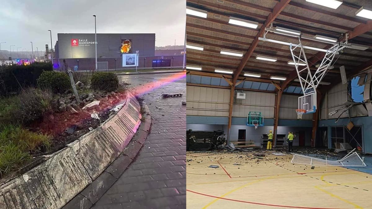 Video: Car flies 50 metres through the air, crashes through wall into basketball court