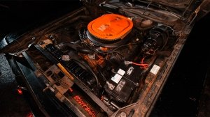 The 7.0-liter Hemi V-8 under the hood of the 1970 Dodge Challenger R/T SE “Black Ghost”