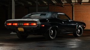 A rear 3/4 view of the 1970 Dodge Challenger R/T SE “Black Ghost”