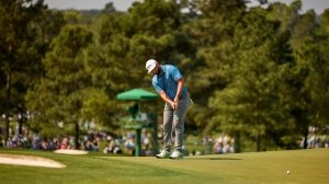 Golfer Jon Rahm getting some putting practice in before the first round of play at the 2023 Masters Tournament.