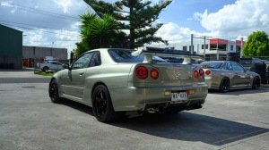 A rear 3/4 view of the 2002 Nissan Skyline GT-R M-Spec Nür