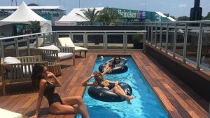 One of the two swimming pools at the Concours Club's exclusive pavilion flanking turn No. 3 during the 2023 Miami Grand Prix.
