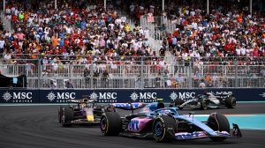 Pierre Gasly positioned ahead of Red Bull's Max Verstappen early in the 2023 Miami Grand Prix.