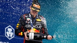 Red Bull's Max Verstappen celebrates a first-place finish at the 2023 Miami Grand Prix.