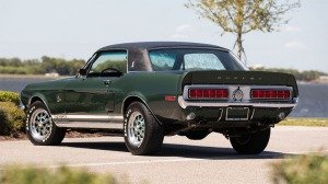 A rear 3/4 view of the Carroll Shelby-commissioned 1968 Ford Mustang Green Hornet replica