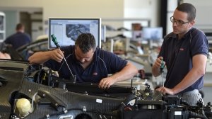 Bugatti specialists at work at the marque's headquarters in Molsheim, France.