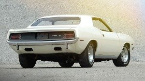 A rear 3/4 view of the 1970 Plymouth Hemi Barracuda