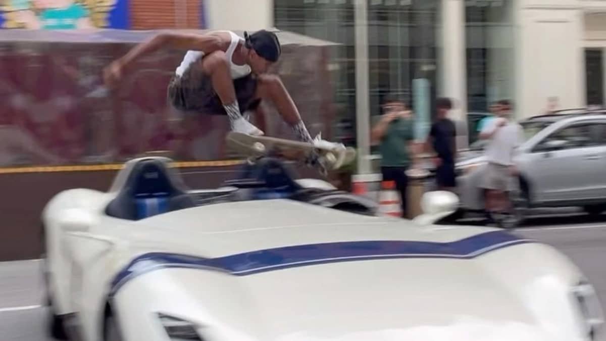 Watch pro skateboarder Tyshawn Jones jump over a $7 million Ferrari Monza SP2