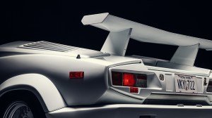 A closeup of the rear wing of the 1989 Lamborghini Countach 25th Anniversary from 