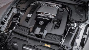 The 577 hp, 4.0-liter twin-turbo V-8 under the hood of the 2024 Mercedes-AMG GT 63.
