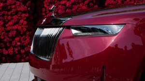 A close-up of the  one-off Pantheon Grille on the Rolls-Royce La Rose Noire Droptail.