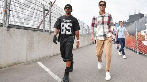Drivers Lewis Hamilton and George Russell at the Circuit Zandvoort prior to the 2023 Dutch Grand Prix.