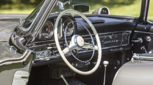 The interior of a restored 1960 Mercedes-Benz 300 SL Roadster.