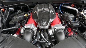 The Maserati Quattroporte Trofeo's 3.8-liter twin-turbo V-8.