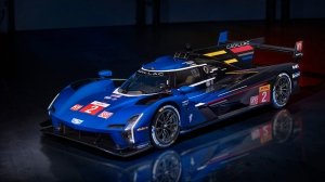 Front ¾ view of the The Cadillac V-LMDh race car in blue