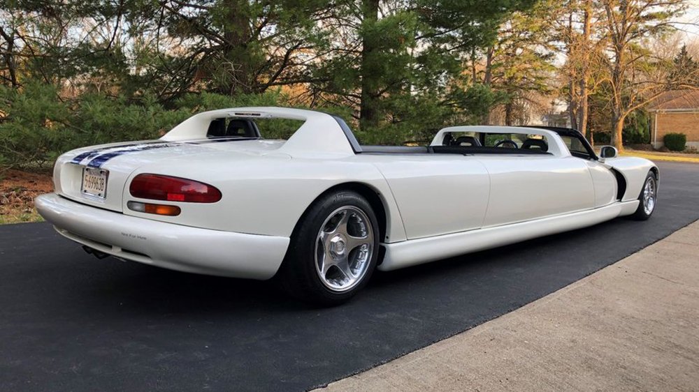 A rear 3/4 view of the 1996 Dodge Viper RT/10 stretch limousine