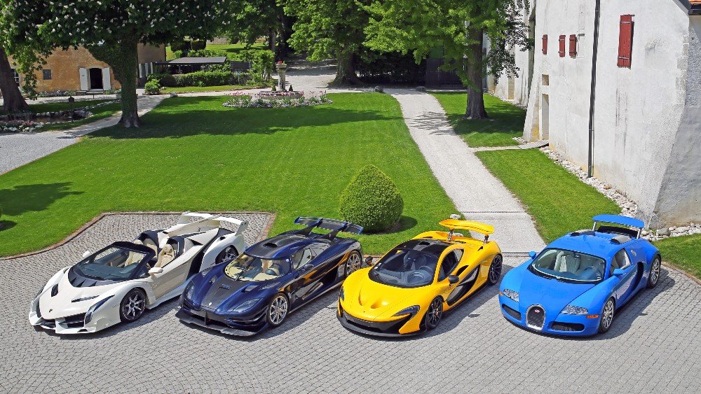 A Lamborghini Veneno, Koenigsegg One:1, McLaren P1 and Bugatti Veyron 16.4
