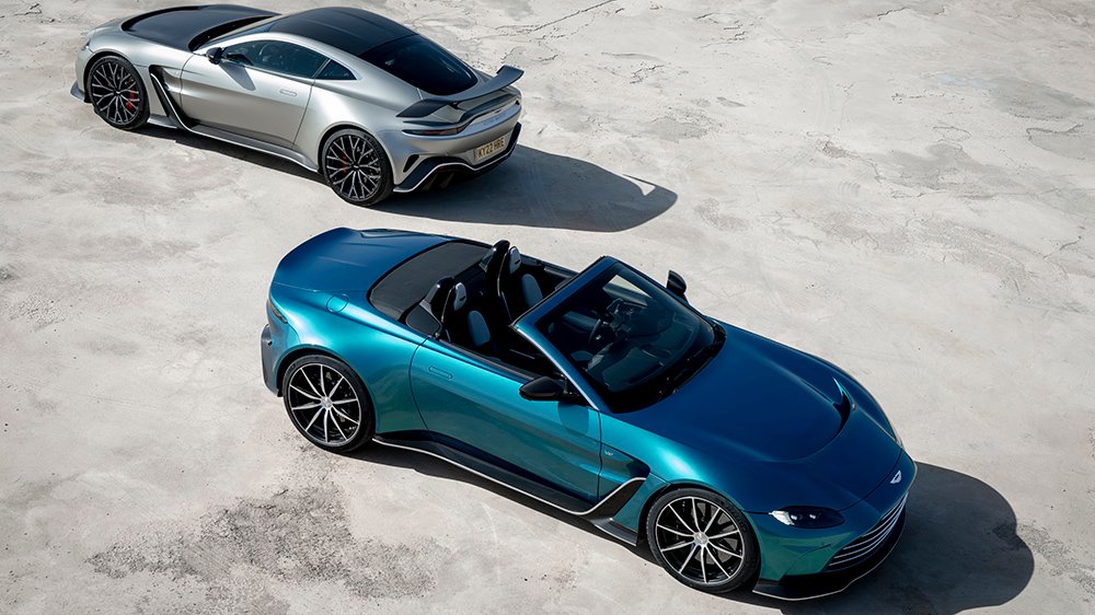 The Aston Martin V12 Vantage Coupe (left) and Roadster (right)