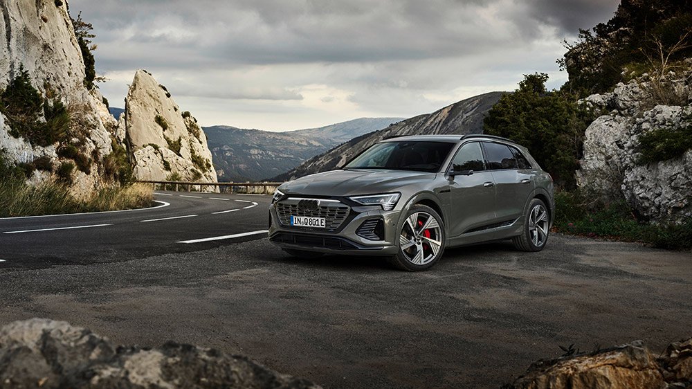 A front 3/4 view of the Audi Q8 55 E-Tron
