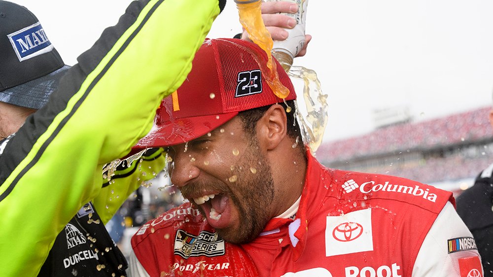 Bubba Wallace celebrates his first career NASCAR Cup Series victory