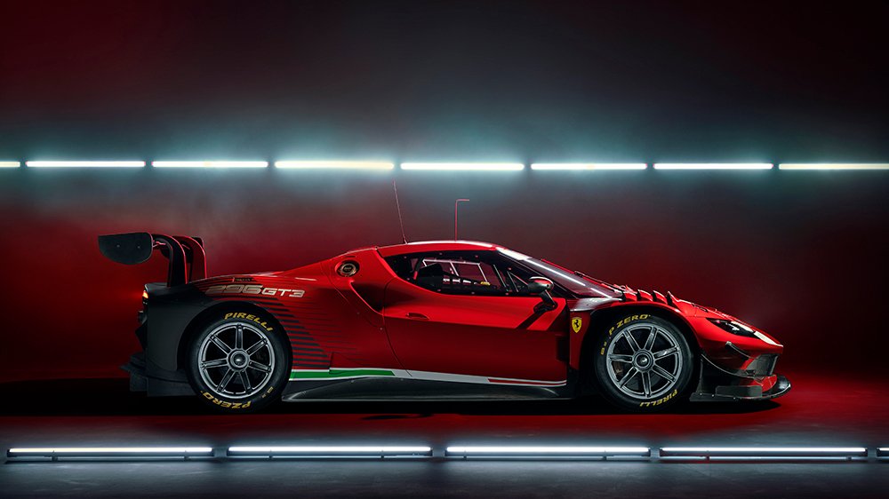 The Ferrari 296 GT3 race car from the side