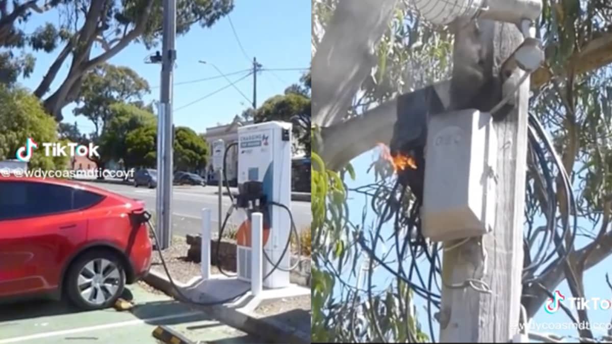 Viral video shows fire above electric-car charger in Victoria