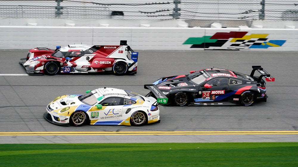 A Porsche 911 GT3R, an Oreca LMP2 O7 and a BMW M8 GTE practice before the 2021 Rolex 24 at Daytona.