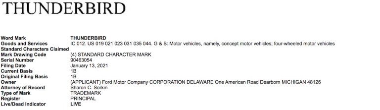 Ford renews Thunderbird trademark