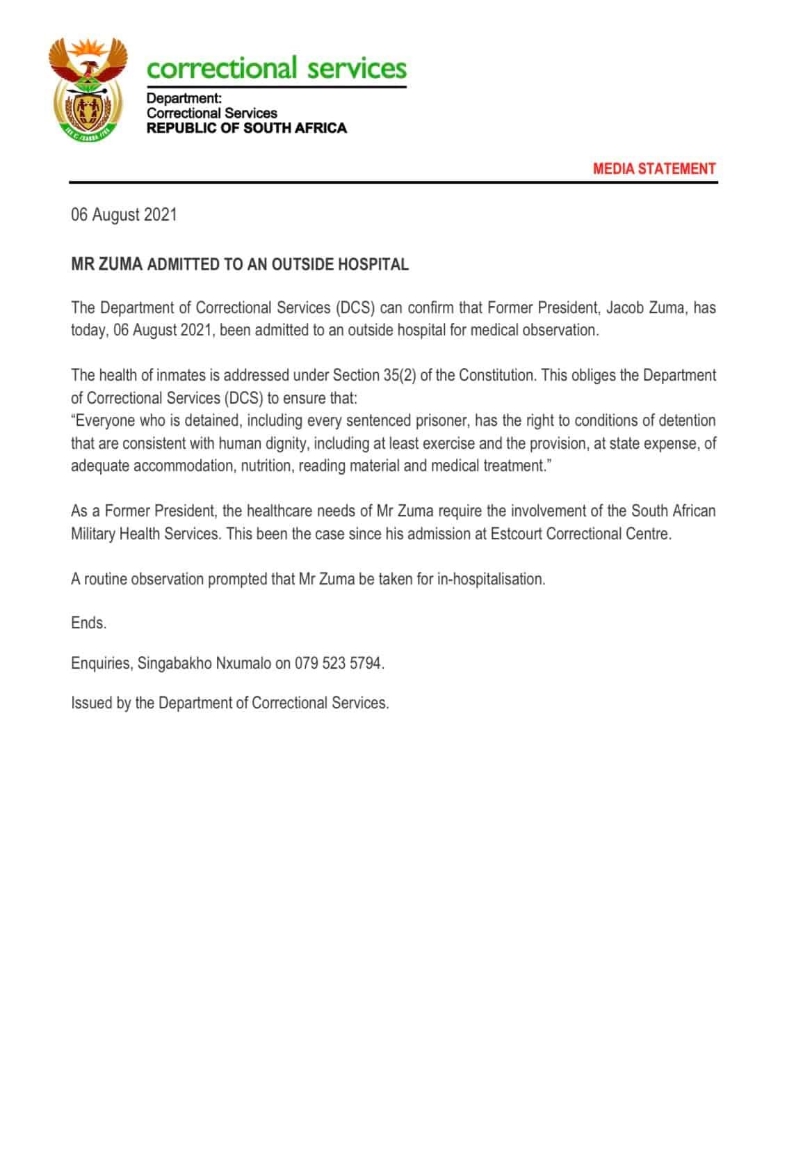 jacob zuma hospitalised