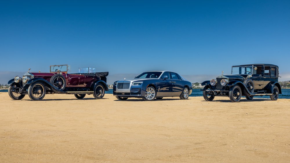 From left: a 1923 Rolls-Royce Springfield Silver Ghost, a 2022 Rolls-Royce Ghost and a 1921 Rolls-Royce Springfield Silver Ghost.