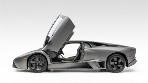 The 2008 Lamborghini Reventón from the side with its doors open