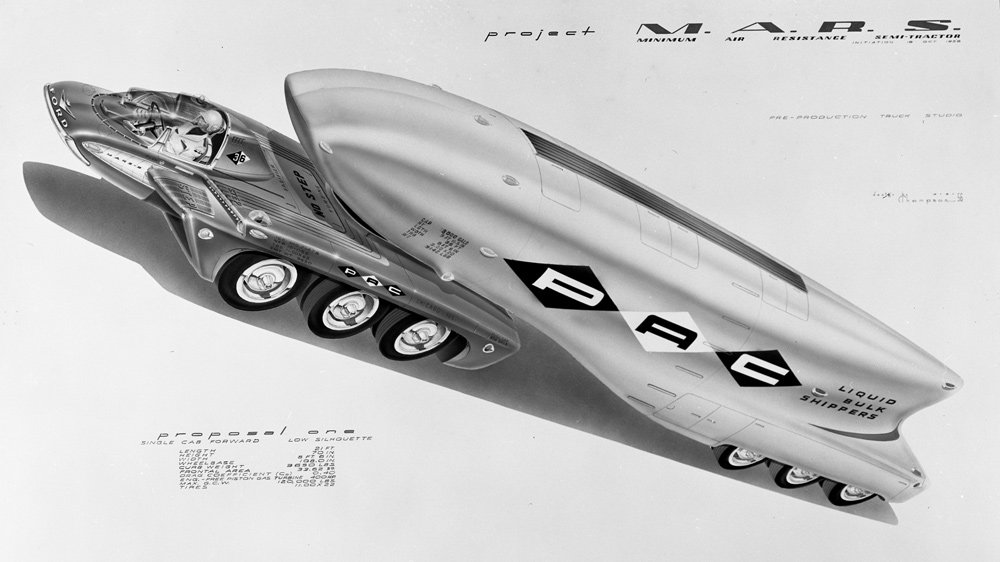 One of automotive designer McKinley Thompson's renderings of a futuristic Ford truck concept, circa 1956.