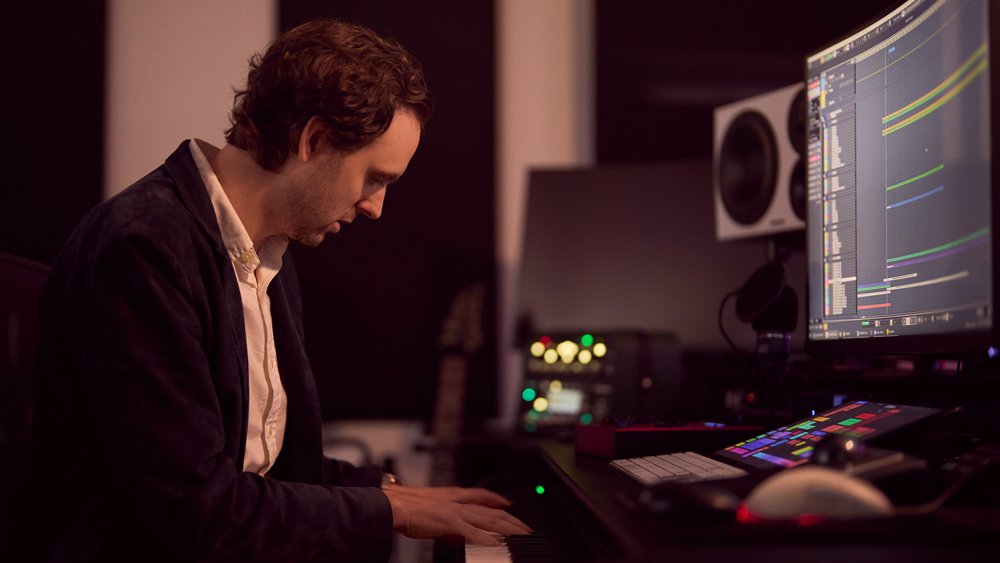 Film composer Steve Mazzaro works on a composition for Bentley and its car audio system from Naim..